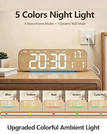 Büyük Ekranlı Ahşap Desenli Dijital Masa Saati 24x9x3 Cm Alarm Çalar Saat Rgb Renkli Led Işıklı Usb 