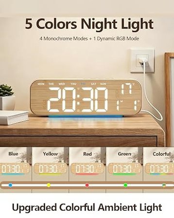Büyük Ekranlı Ahşap Desenli Dijital Masa Saati 24x9x3 Cm Alarm Çalar Saat Rgb Renkli Led Işıklı Usb 