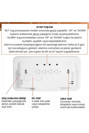 Hd Led Ekranlı Pilli Adaptörlü 2 Alarmlı Sıcaklık Tarih Göstergeli Mavi Beyaz Duvar Masa Saati Fonks