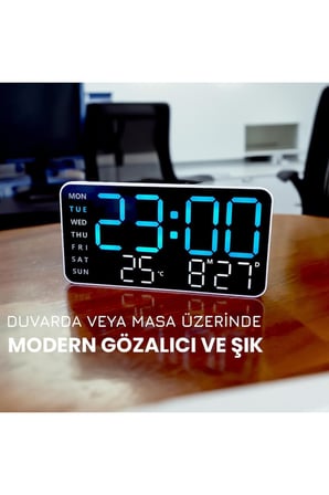 Hd Led Ekranlı Pilli Adaptörlü 2 Alarmlı Sıcaklık Tarih Göstergeli Mavi Beyaz Duvar Masa Saati Fonks