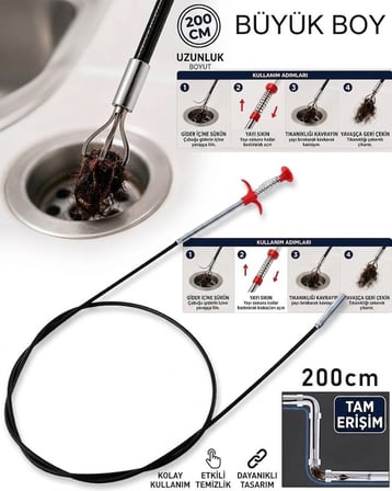 2 Metre Kıskaçlı Lavabo Açma Teli Tıkalı Banyo Lavabo Deliği Gider Boru Açma Teli (4 Kıskaçlı)