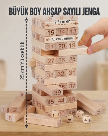 Denge Oyunu Jenga Büyük Boy 51parça Eğitici Zeka Oyunu Numaralı Jenga Oyunu Çocuklar  Ahşap Oyuncak