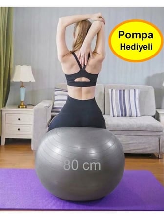 80 Cm Pilates Topu Büyük Boy Kalın Pompalı GRİ Renk Yoga Pilates Topu Plates Topu
