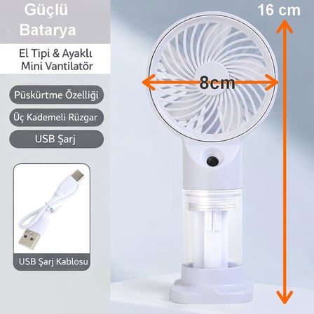 El Tipi Sulu Soğuk Buharlı Fan Şarjlı Mini Vantilatör 3 Kademeli USB Taşınabilir Masaüstü Fan Güçlü 
