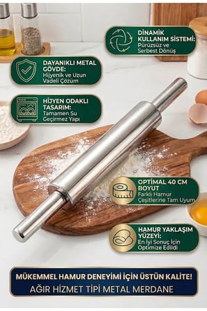 40 Cm Paslanmaz Metal Çelik Merdane Ergonomik Kulplu Çelik Profesyonel Hamur Açma Merdanesi Oklava