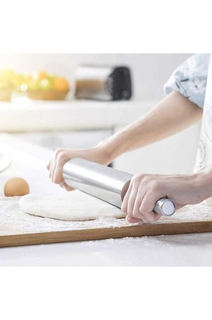 40 Cm Paslanmaz Metal Çelik Merdane Ergonomik Kulplu Çelik Profesyonel Hamur Açma Merdanesi Oklava
