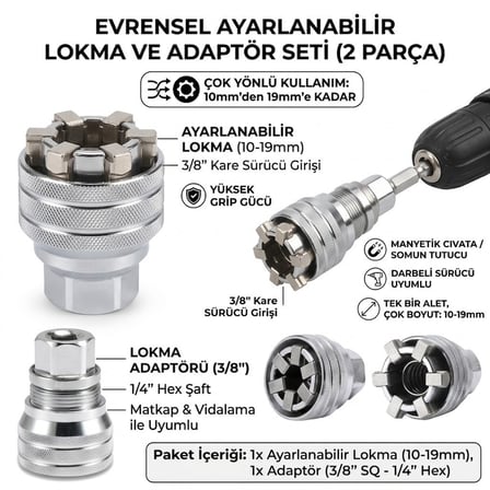 2 Parça Evrensel Ayarlanabilir Lokma Anahtar Seti 10-19 Mm 3/8'' Matkap Adaptörlü Somun Sökme Aparat