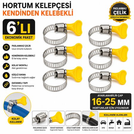 Hortum Kelepçesi 6'lı (Plastik Kelebek Bağlantılı) Paslanmaz Çelik Metal Hortum Kelepçesi 16-25 mm A
