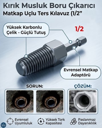 1/2 Kırık Boru ve Musluk Çıkarıcı Matkap Ucu – Ters Dişli Vida Sökme Aparatı, Altıgen Şaftlı Tesisat
