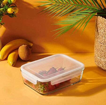 L av Cam Büyük Dikdörtgen Kilitli Saklama Kabı - 1200 cc - 2'li Set