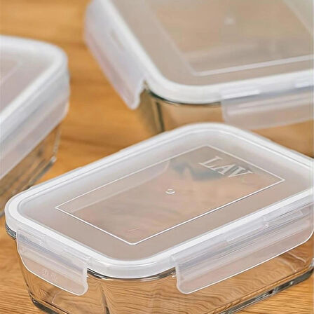 L av Cam Büyük Dikdörtgen Kilitli Saklama Kabı - 1200 cc - 2'li Set