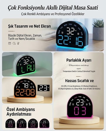LED Dijital Alarm Saati Sıcaklık Tarih Gün Göstergeli Ortam Aydınlatmalı Çift Ekranlı Masa Saati Gec