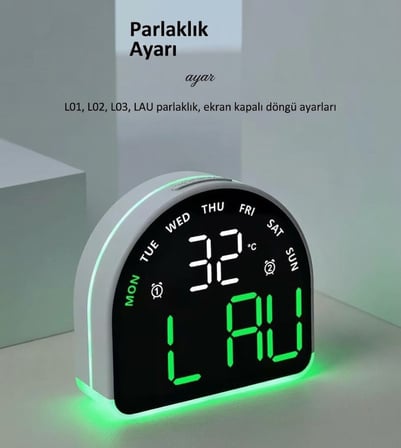LED Dijital Alarm Saati Sıcaklık Tarih Gün Göstergeli Ortam Aydınlatmalı Çift Ekranlı Masa Saati Gec