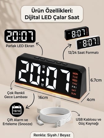 Dijital Led Alarm Saati, Tarih Göstergeli, Çift Alarm Gece Lambası Masa Saati  Saatli Gece Lambası