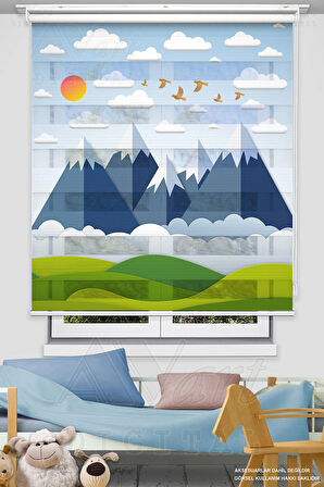 Dağ Gökyüzü Baskılı Çocuk Odası Perdesi - Zebra Stor Perde - Dijital Baskılı Zebra Perde