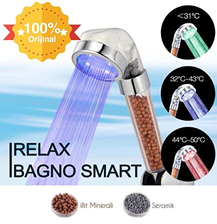 Relax Bagno Led Işıklı Su Tasarruflu Arıtmalı Duş Başlığı - Isıya Duyarlı