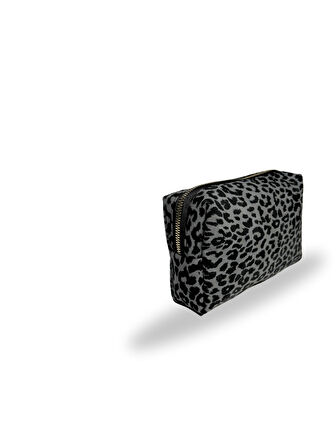 Leoper Gri Desenli Kadın Makyaj Çantası Cüzdan El Çantası