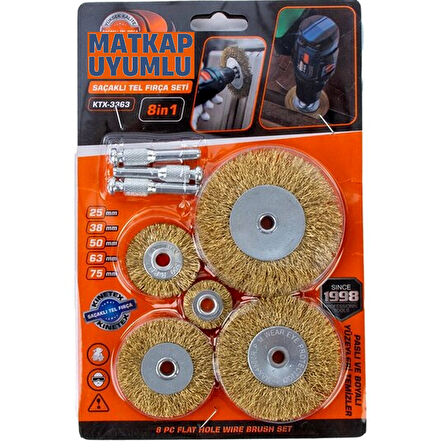 Tel Matkap Hobi Fırça 5+3 Pim 8 Parça Set Tel Fırça Seti Matkap Ucu Tel Fırça Pas Kir Boya Temizleme