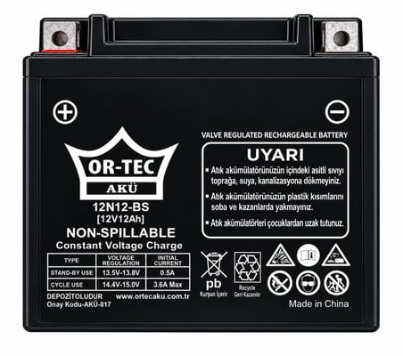 OR-TEC 12V 12Ah (12N12-BS) Benzinli Motosiklet Aküsü 