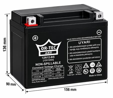 OR-TEC 12V 12Ah (12N12-BS) Benzinli Motosiklet Aküsü 