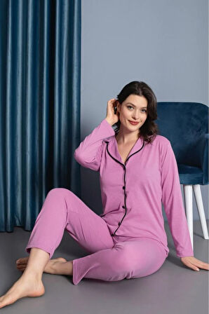 Kadın %100 Pamuk Uzun kol Önden Düğmeli Pijama Takım