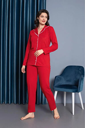 Kadın %100 Pamuk Uzun kol Önden Düğmeli Pijama Takım