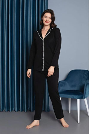 Kadın %100 Pamuk Uzun kol Önden Düğmeli Pijama Takım