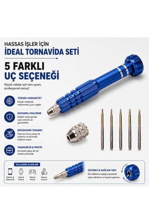Manyetik Hassas Tornavida Seti 5 Uçlu – Mini Tamir ve Elektronik Alet - Mavi