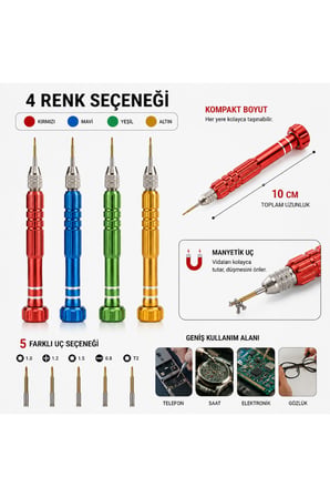 Manyetik Hassas Tornavida Seti 5 Uçlu – Mini Tamir ve Elektronik Alet - Mavi