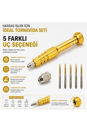 Manyetik Hassas Tornavida Seti 5 Uçlu – Mini Tamir ve Elektronik Alet - Gold