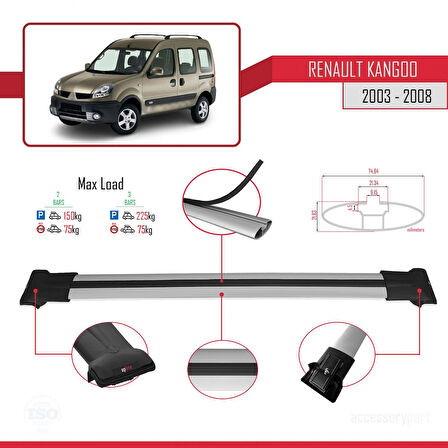 Renault Kangoo (X76) Post-Facelift 2003-2008 Arası ile Uyumlu FLY Model Ara Atkı Tavan Barı Gri 2 Adet