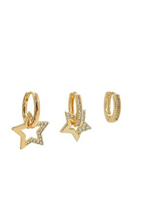 Premium 3'lü Taşlı Yıldız Küpe Kombin Gold