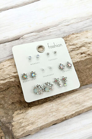 Premium 7'li Küpe Set Taşlı Çiçekli Küpe Seti 35681