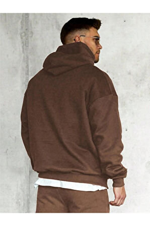 Erkek Kahverengi Los Angeles Baskılı Oversize Kapşonlu Sweatshirt