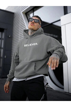 Erkek Believer Baskılı Oversize Kapşonlu Sweatshirt