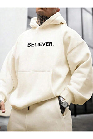 Erkek Believer Baskılı Oversize Kapşonlu Sweatshirt