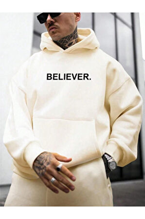 Erkek Believer Baskılı Oversize Kapşonlu Sweatshirt