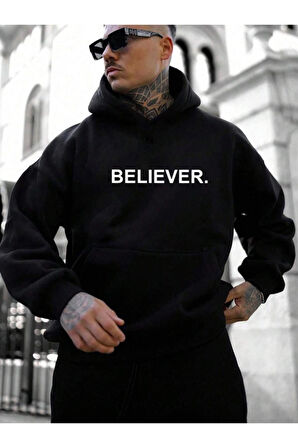 Erkek Believer Baskılı Oversize Kapşonlu Sweatshirt