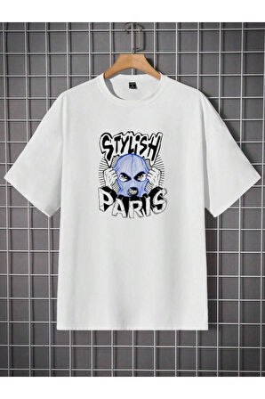 Erkek Beyaz Stylish Baskılı Oversize T-shirt