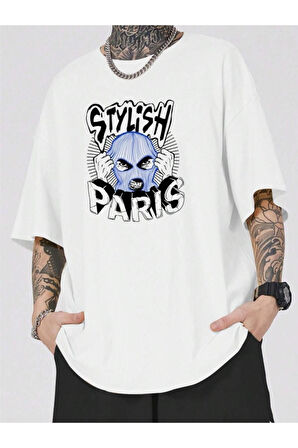 Erkek Beyaz Stylish Baskılı Oversize T-shirt