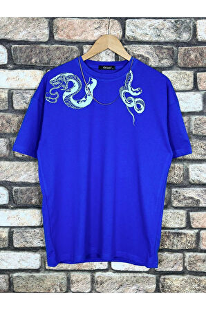 Erkek Yılan Baskılı Oversize Bisiklet Yaka T-Shirt