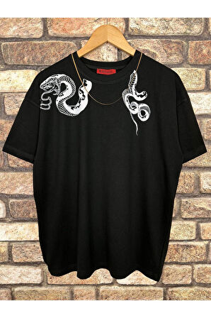 Erkek Yılan Baskılı Oversize Bisiklet Yaka T-Shirt