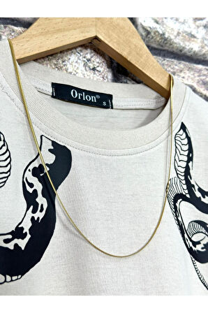 Erkek Yılan Baskılı Oversize Bisiklet Yaka T-Shirt