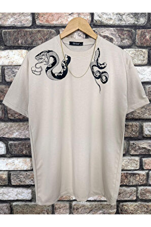 Erkek Yılan Baskılı Oversize Bisiklet Yaka T-Shirt