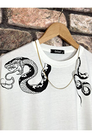 Erkek Yılan Baskılı Oversize Bisiklet Yaka T-Shirt