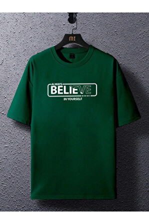 Erkek Yeşil Always Believe Baskılı Oversize T-shirt