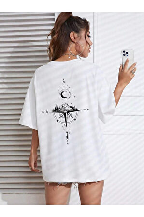 Kadın Pusula Sırt Baskılı Oversize T-shirt
