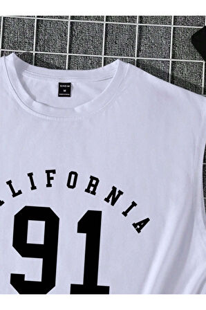 Erkek Beyaz California 91 Baskılı Kolsuz T-shirt