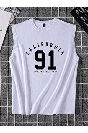 Erkek Beyaz California 91 Baskılı Kolsuz T-shirt