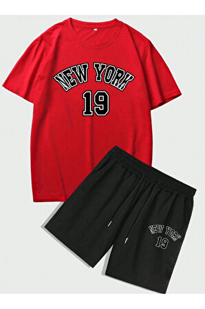 Erkek Kırmızı New York 19 Baskılı Şort T-shirt Takım